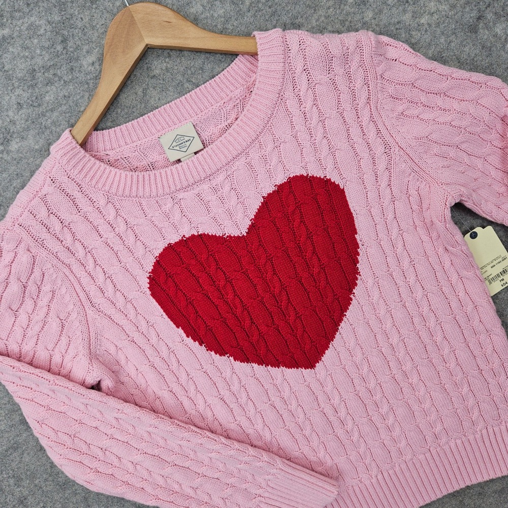 NEW St Johns Bay Sweater‎ Women's PM Pink Red Heart Cable Knit Petite Medium NWT